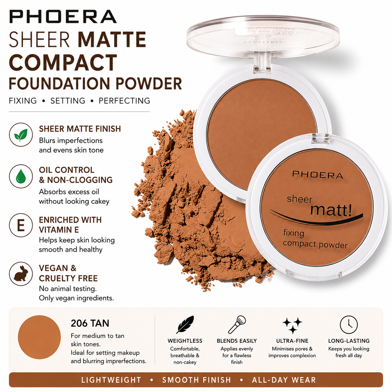 PHOERA Sheer Matte Compact Foundation Powder | Vegan Pressed Powder UK