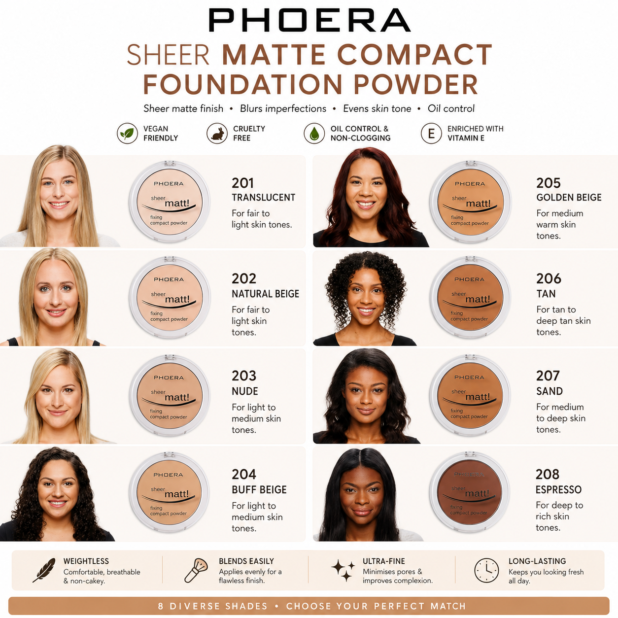 PHOERA Sheer Matte Compact Foundation Powder | Vegan Pressed Powder UK