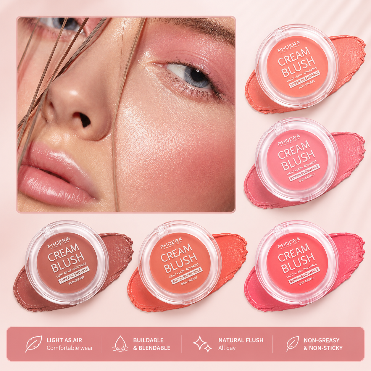 Phoera Cream Blush Matte – Lightweight Blendable Cheek Blusher | Buildable, Sweat-Resistant