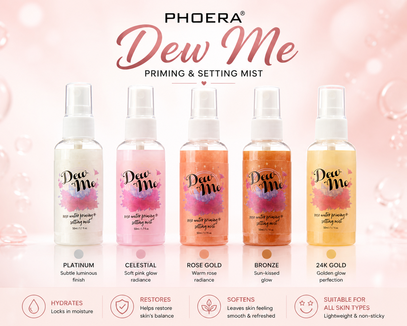Phoera Dew Me Priming &amp; Setting Sprays 50ml – Hydrating Illuminating Makeup Mist with Hyaluronic Acid