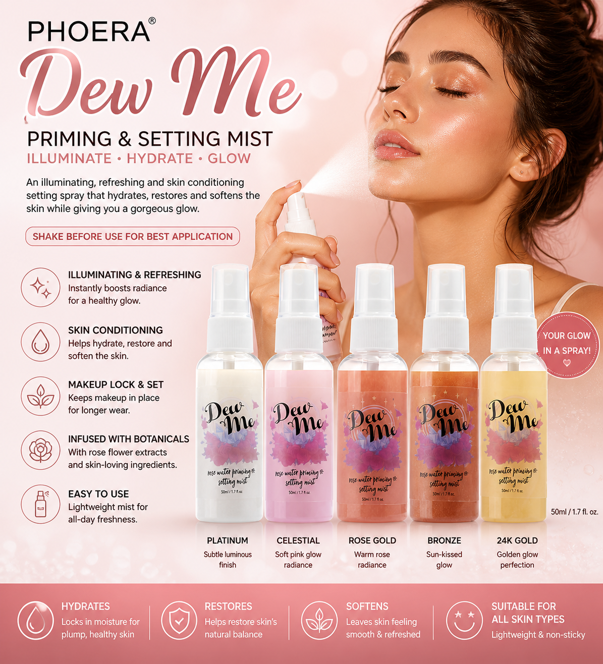 Phoera Dew Me Priming & Setting Sprays 50ml – Hydrating Illuminating Makeup Mist with Hyaluronic Acid