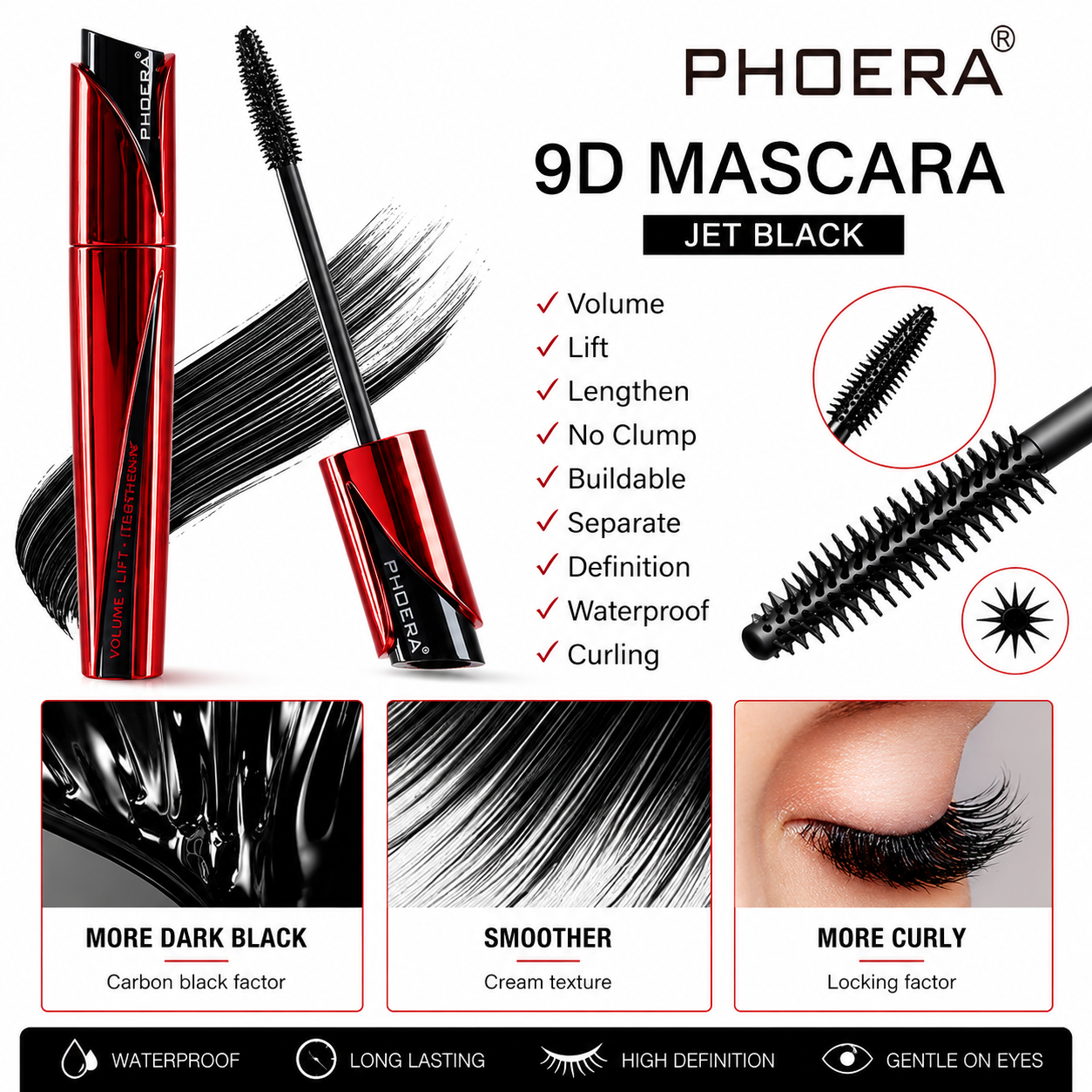 PHOERA 9D Waterproof Mascara – Jet Black Lengthening &amp; Volumising Mascara