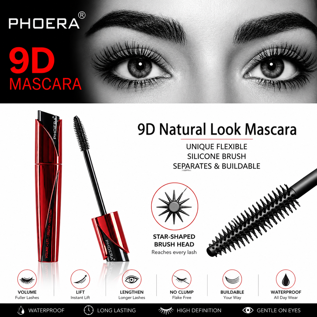 PHOERA 9D Waterproof Mascara – Jet Black Lengthening &amp; Volumising Mascara