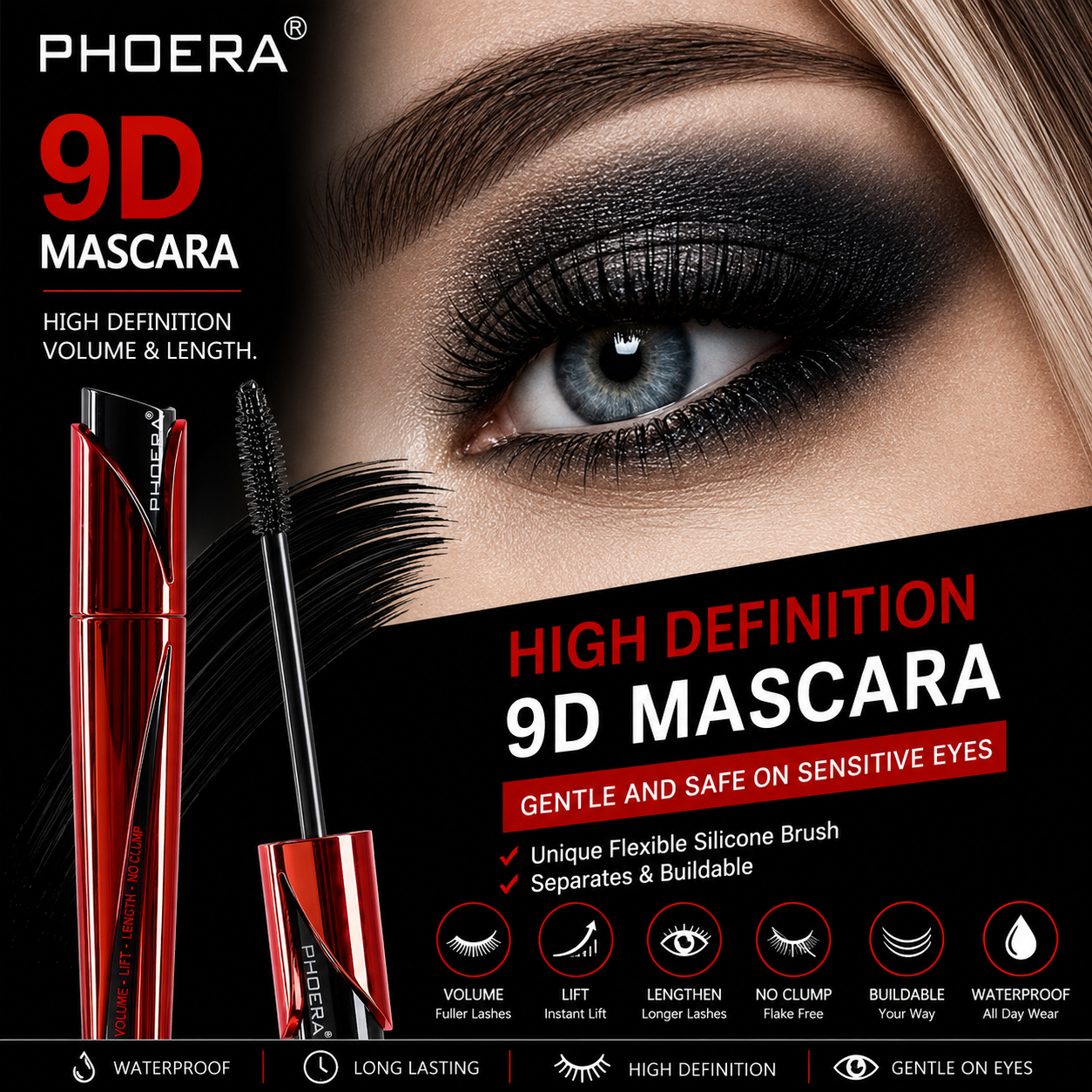 PHOERA 9D Waterproof Mascara – Jet Black Lengthening & Volumising Mascara