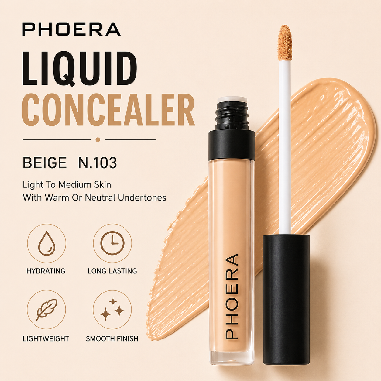 Phoera Full Coverage Liquid Concealer – Long Lasting Hydrating Creamy Concealer