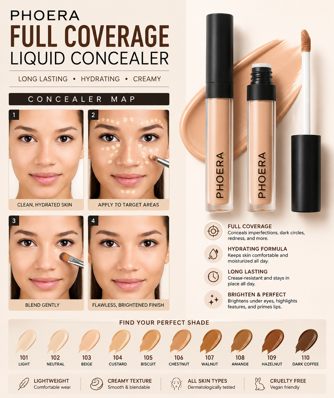 Phoera Full Coverage Liquid Concealer – Long Lasting Hydrating Creamy Concealer