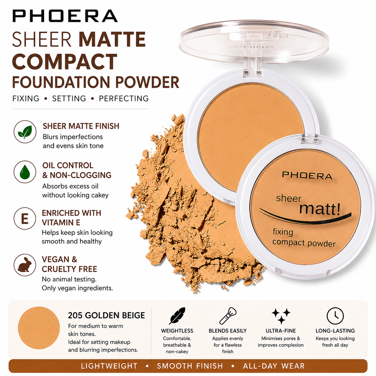PHOERA Sheer Matte Compact Foundation Powder | Vegan Pressed Powder UK