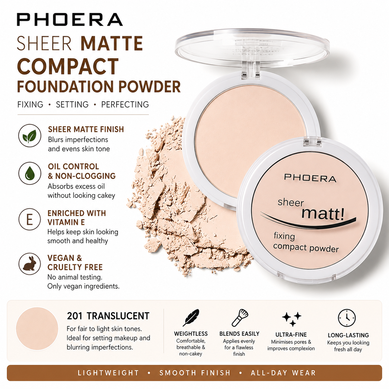 PHOERA Sheer Matte Compact Foundation Powder | Vegan Pressed Powder UK