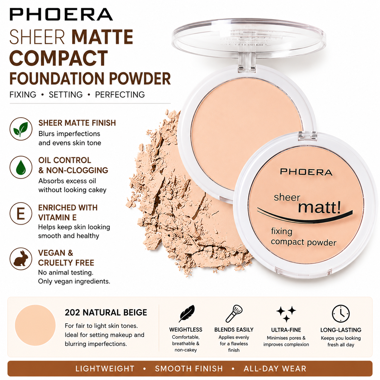 PHOERA Sheer Matte Compact Foundation Powder | Vegan Pressed Powder UK