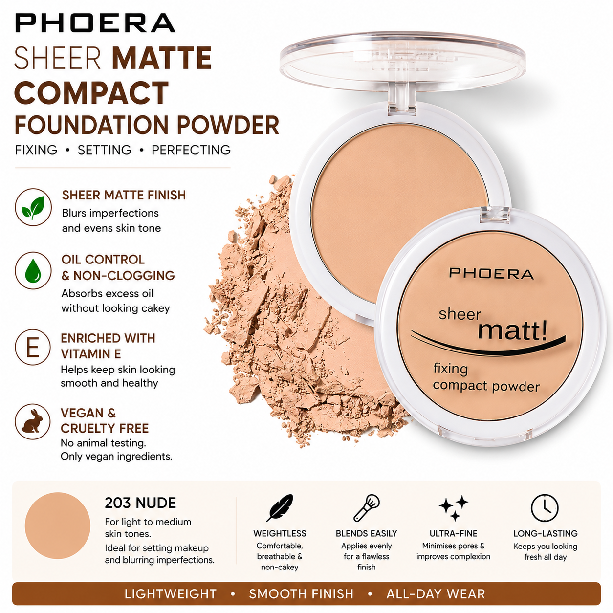 PHOERA Sheer Matte Compact Foundation Powder | Vegan Pressed Powder UK