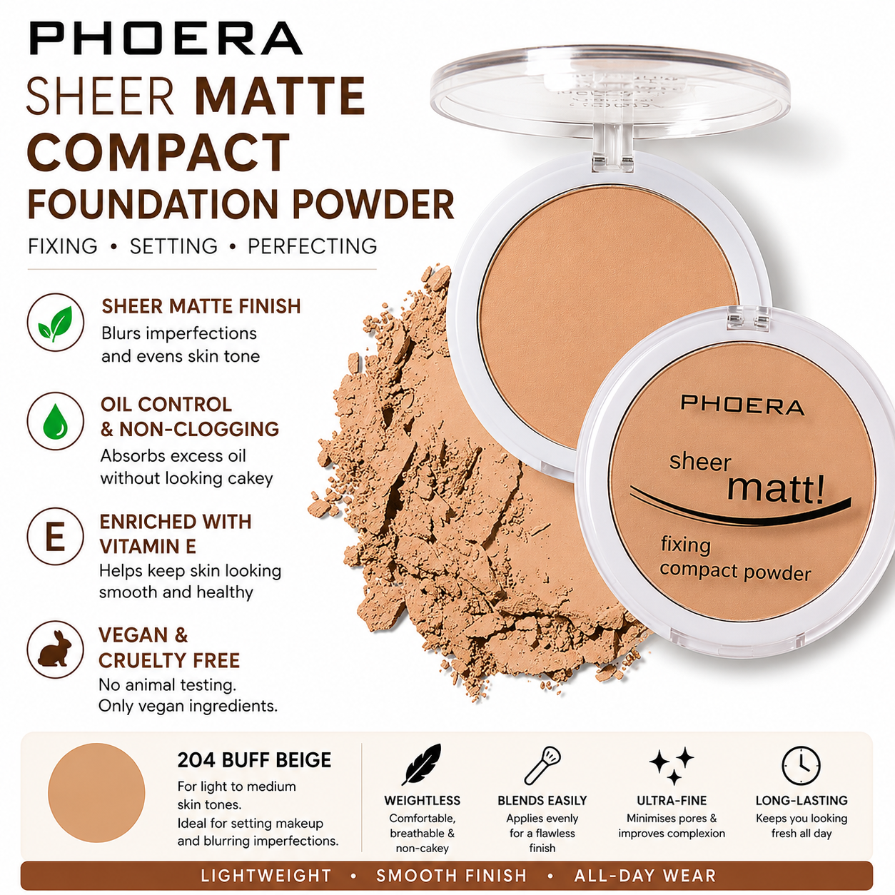 PHOERA Sheer Matte Compact Foundation Powder | Vegan Pressed Powder UK
