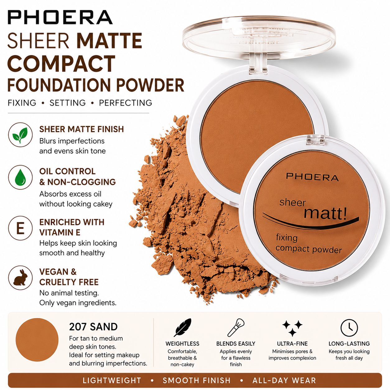 PHOERA Sheer Matte Compact Foundation Powder | Vegan Pressed Powder UK