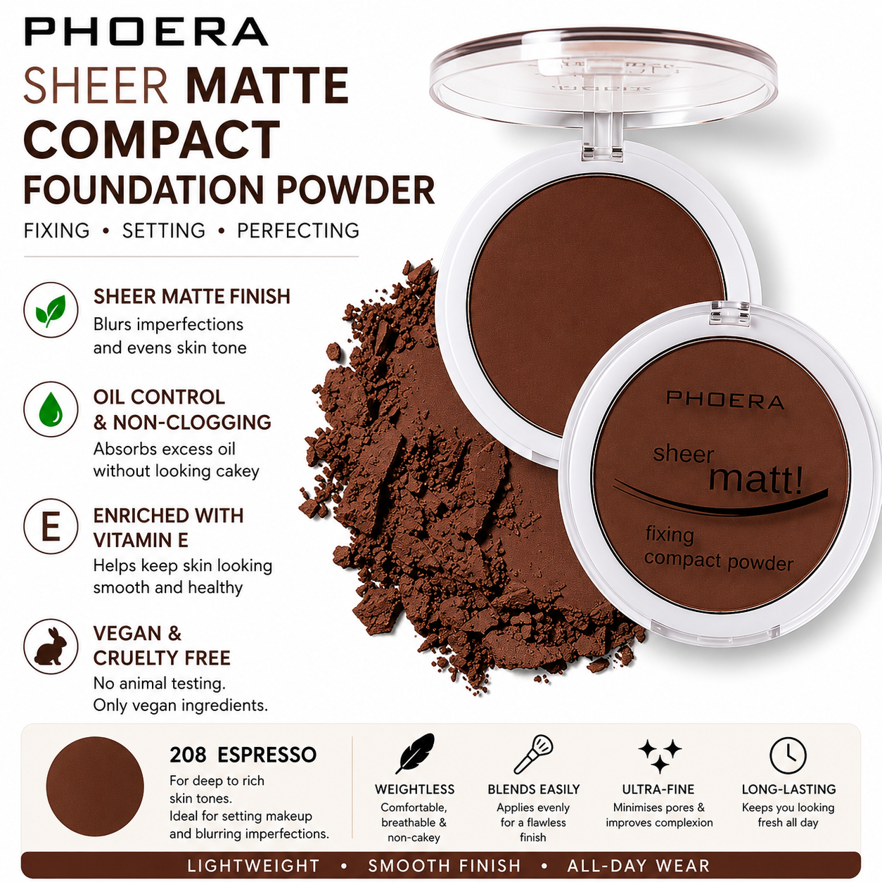 PHOERA Sheer Matte Compact Foundation Powder | Vegan Pressed Powder UK