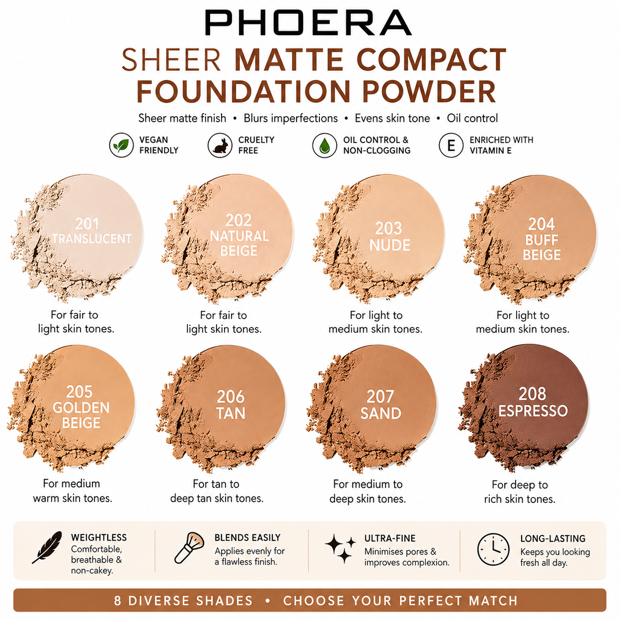 PHOERA Sheer Matte Compact Foundation Powder | Vegan Pressed Powder UK