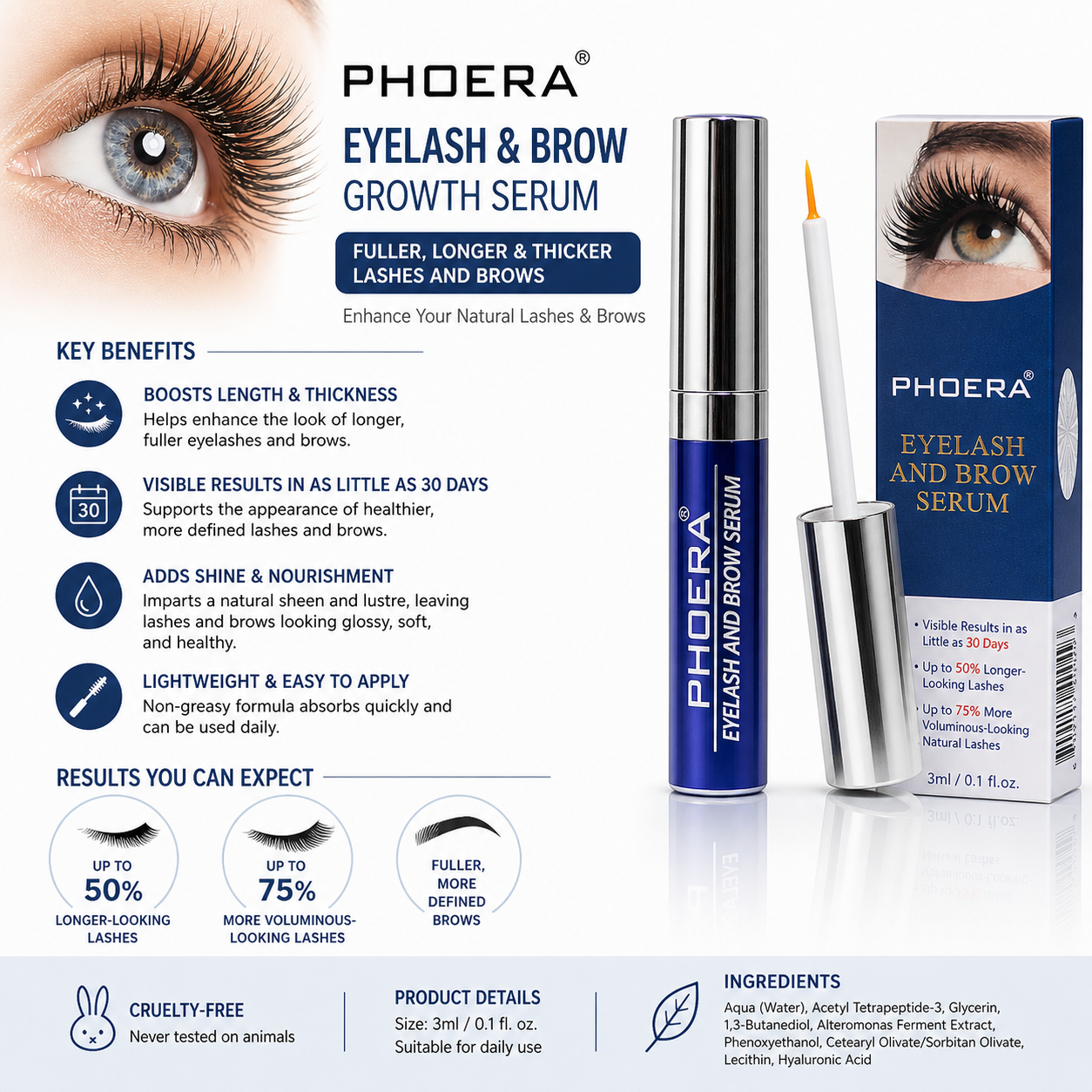 Phoera Eyelash &amp; Brow Growth Serum 3ml – Fuller, Longer &amp; Thicker Lashes and Brows