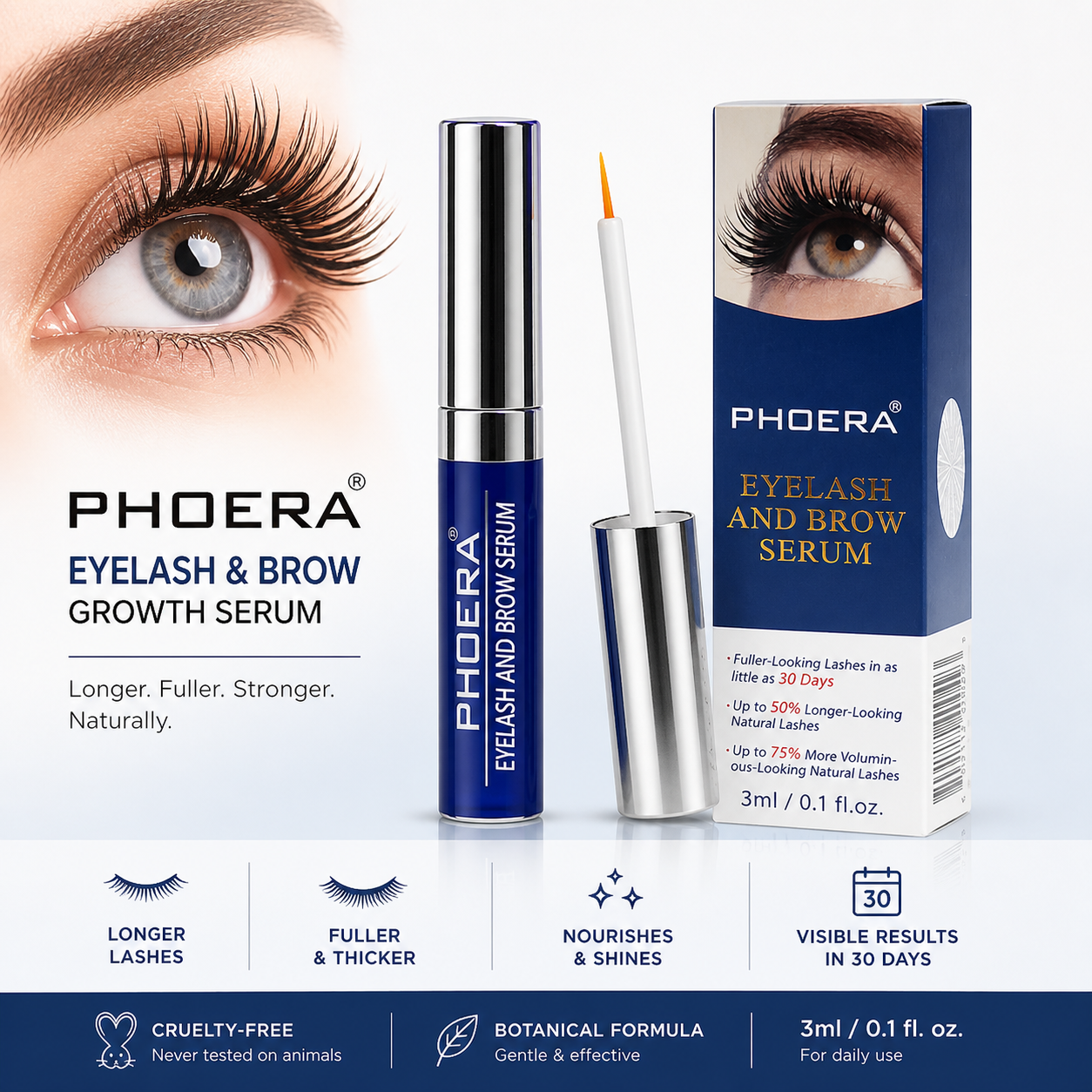 Phoera Eyelash &amp; Brow Growth Serum 3ml – Fuller, Longer &amp; Thicker Lashes and Brows