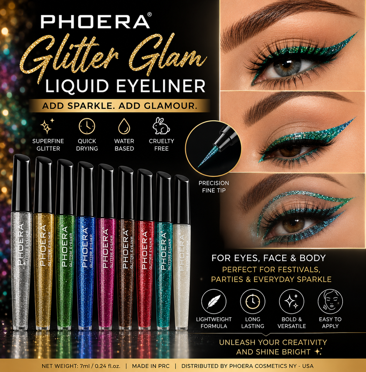 Phoera Glitter Liquid Eyeliner UK – Sparkly Waterproof Glitter Eyeliner Pen | Long Lasting Festival Makeup Gold