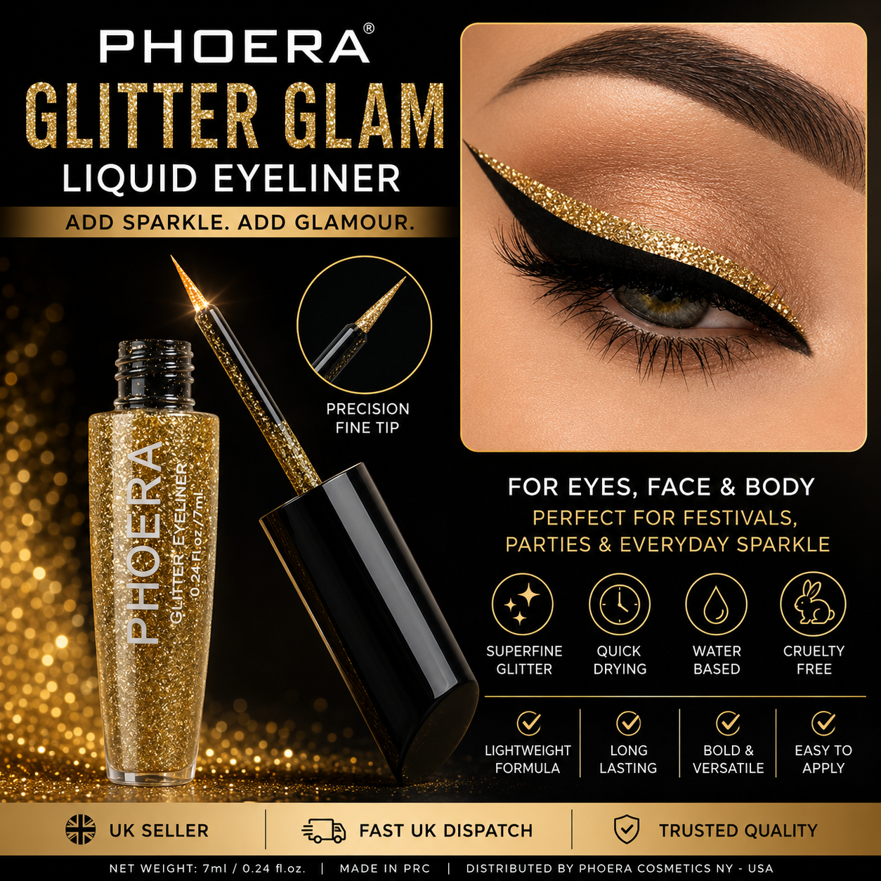 Phoera Glitter Liquid Eyeliner UK – Sparkly Waterproof Glitter Eyeliner Pen | Long Lasting Festival Makeup Gold