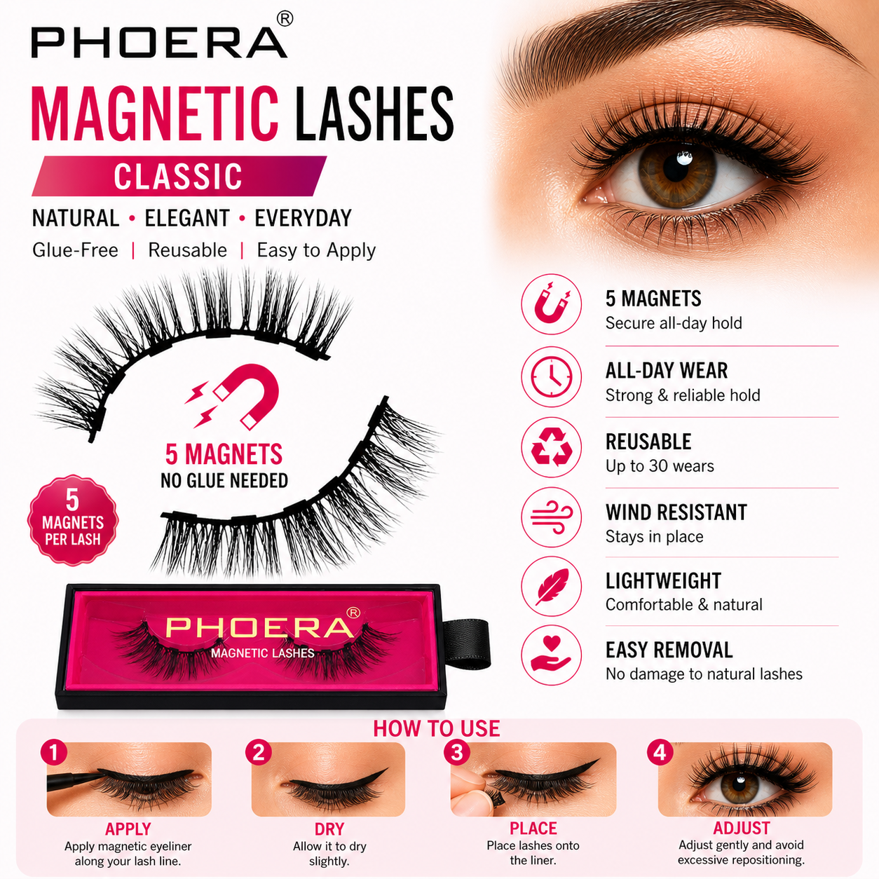 Phoera Magnetic Eyelashes – Glue-Free Reusable Lashes (Classic, Dramatic &amp; Sassy)