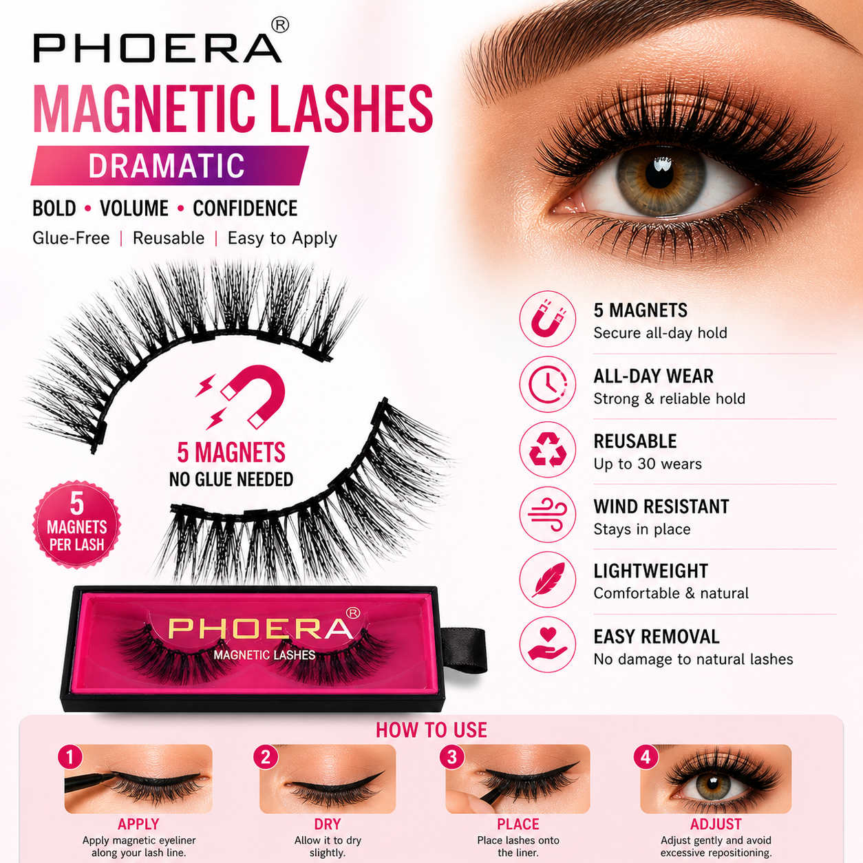 Phoera Magnetic Eyelashes – Glue-Free Reusable Lashes (Classic, Dramatic &amp; Sassy)