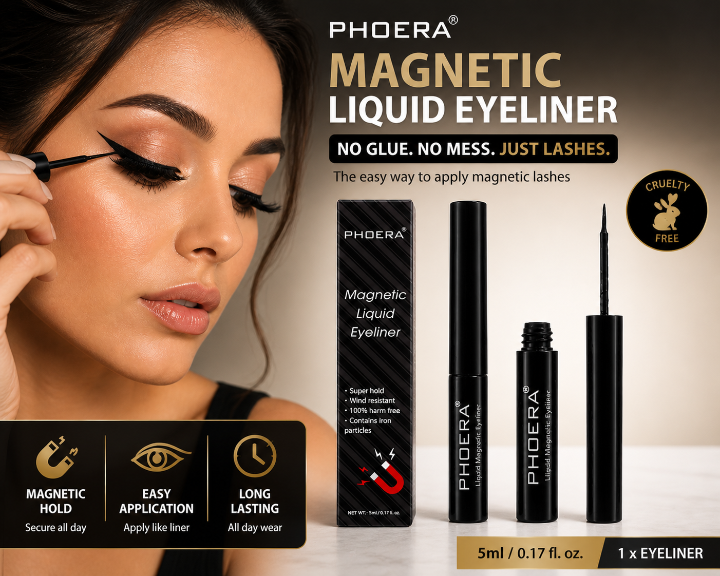 Phoera Magnetic Liquid Eyeliner Black – Lash Adhesive, No Glue Needed (5ml)