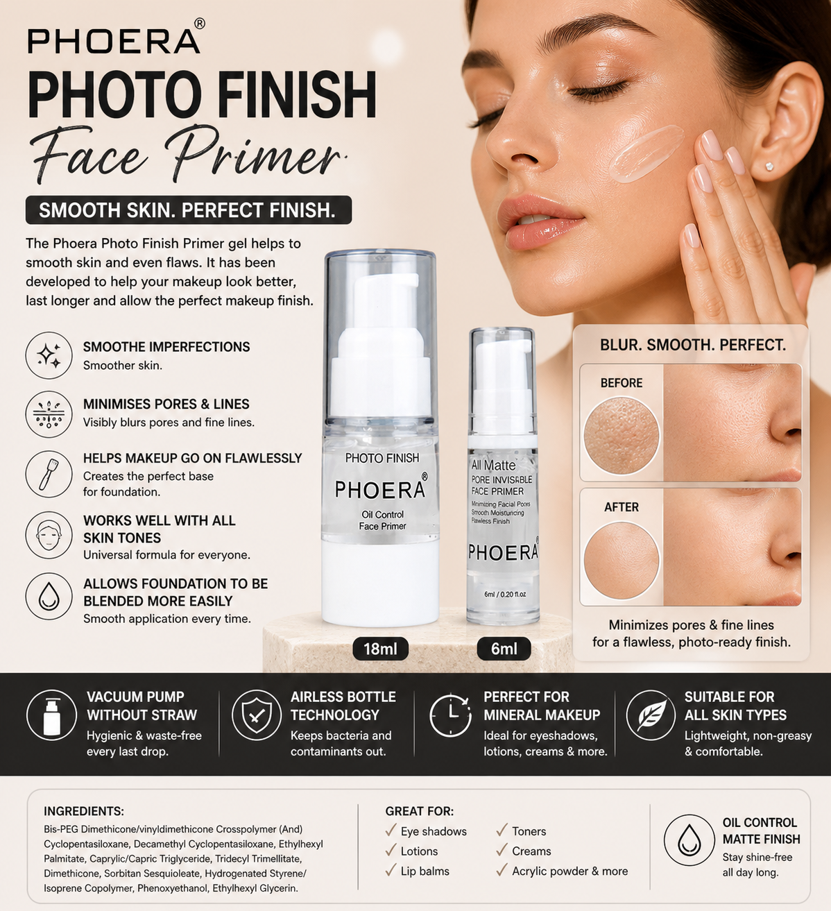 Phoera Photo Finish Face Primer 6ml / 18ml – Oil Control, Pore Minimising, Smooth Base Makeup Primer