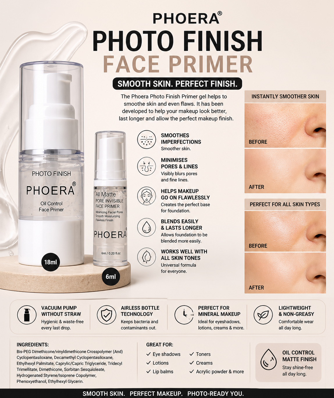 Phoera Photo Finish Face Primer 6ml / 18ml – Oil Control, Pore Minimising, Smooth Base Makeup Primer