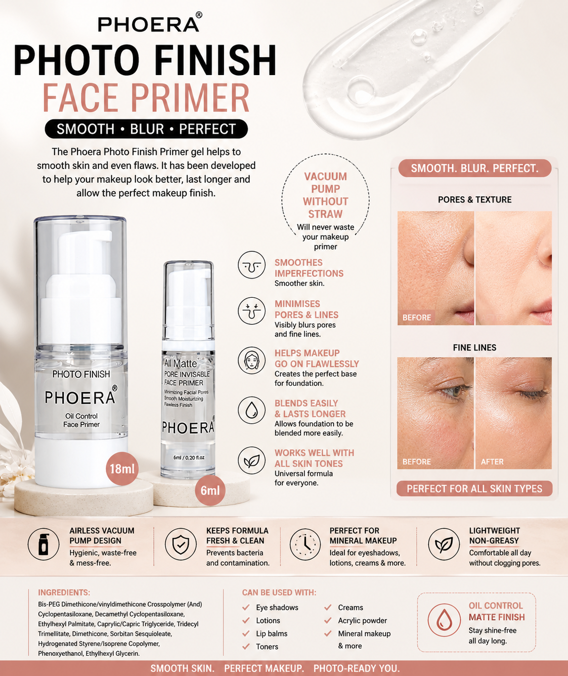 Phoera Photo Finish Face Primer 6ml / 18ml – Oil Control, Pore Minimising, Smooth Base Makeup Primer