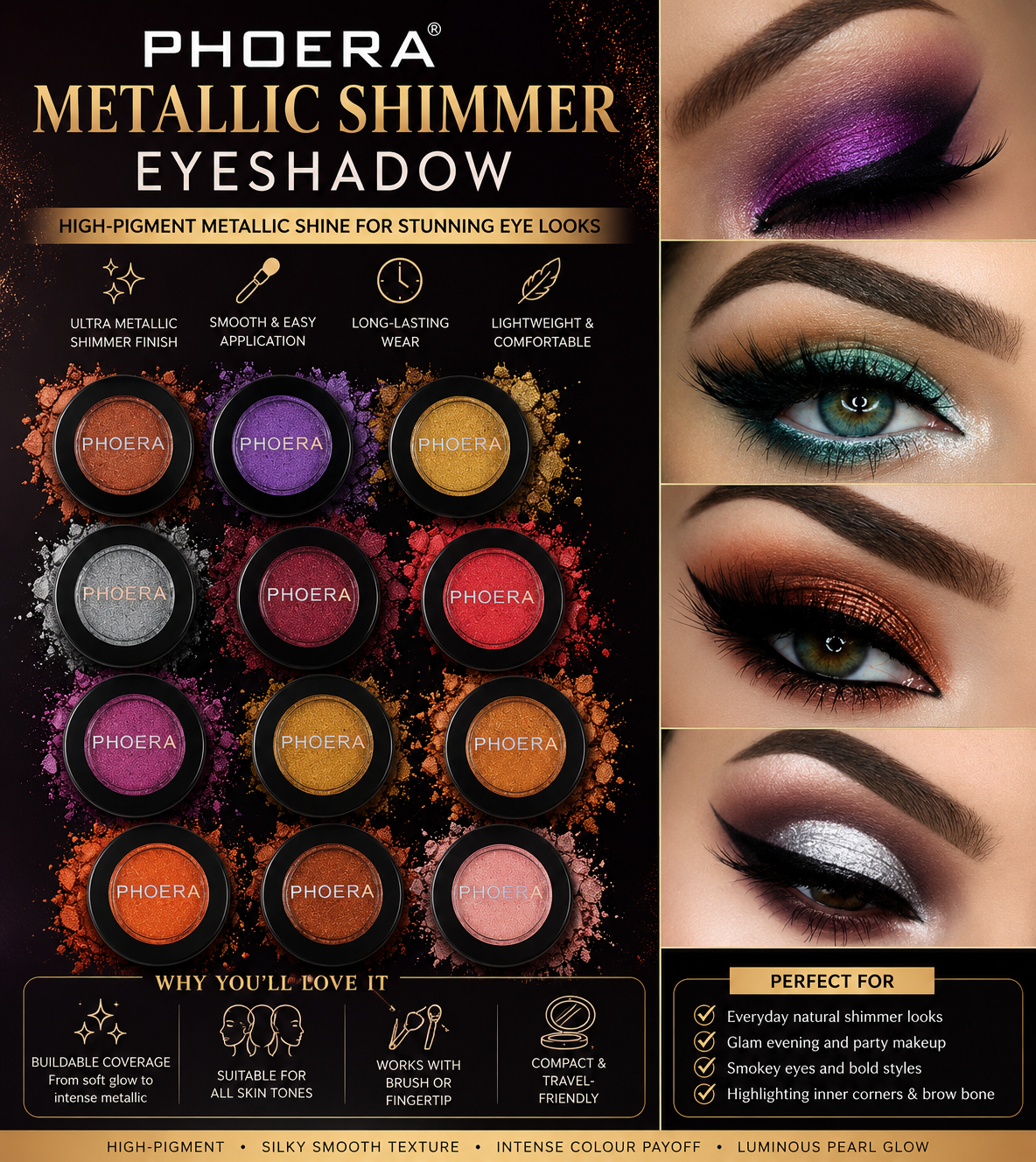 Phoera Metallic Shimmer Eyeshadow – Long Lasting Pearl Finish Eye Makeup