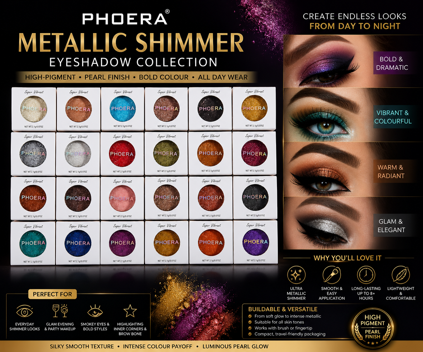Phoera Metallic Shimmer Eyeshadow – Long Lasting Pearl Finish Eye Makeup