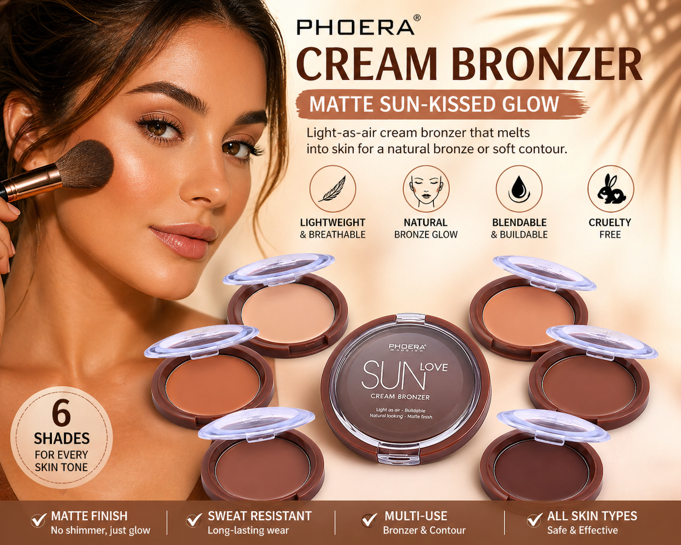 Phoera Cream Bronzer Matte Contour Makeup – Lightweight Blendable Sun-Kissed Glow (6 Shades, Cruelty-Free)
