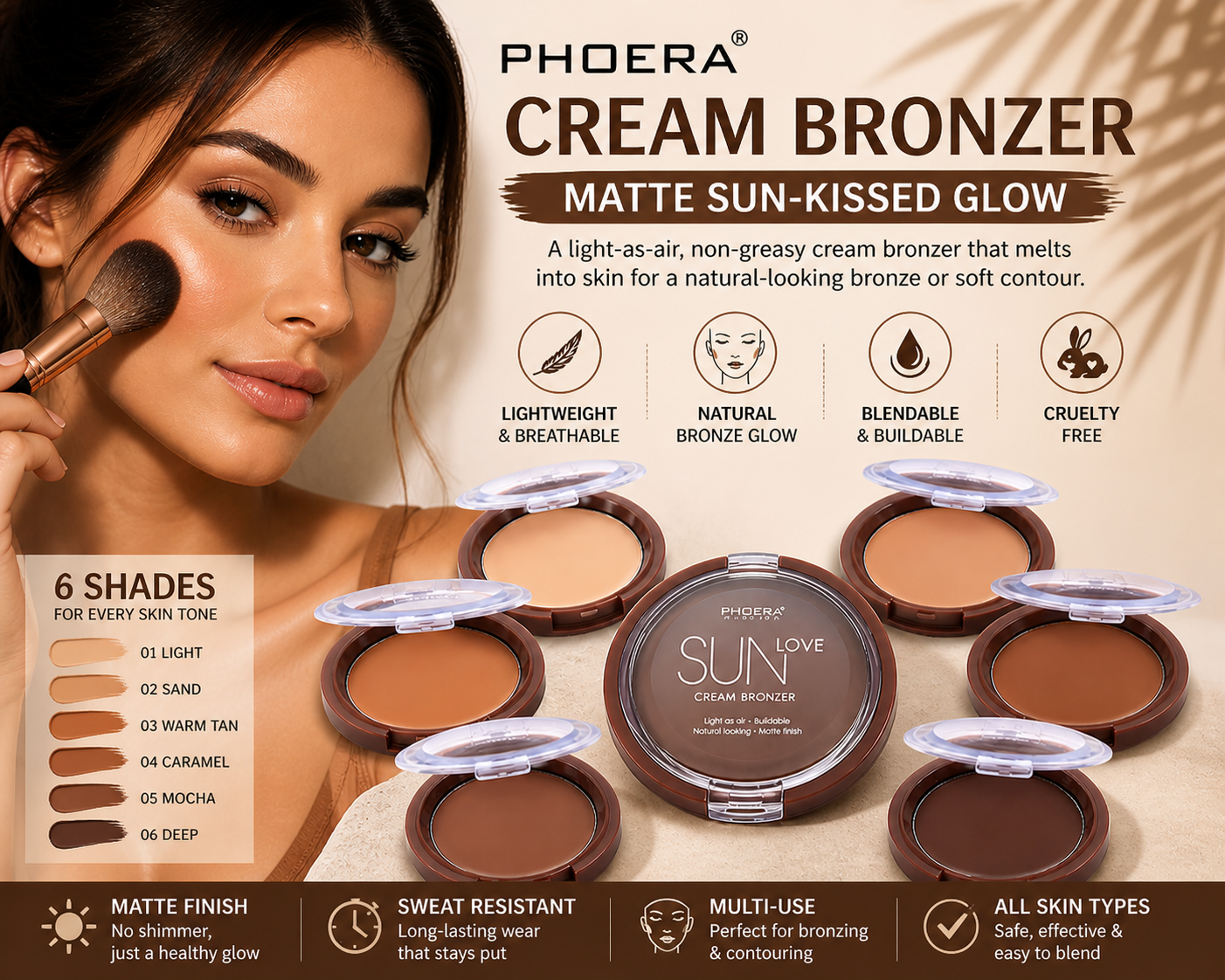 Phoera Cream Bronzer Matte Contour Makeup – Lightweight Blendable Sun-Kissed Glow (6 Shades, Cruelty-Free)