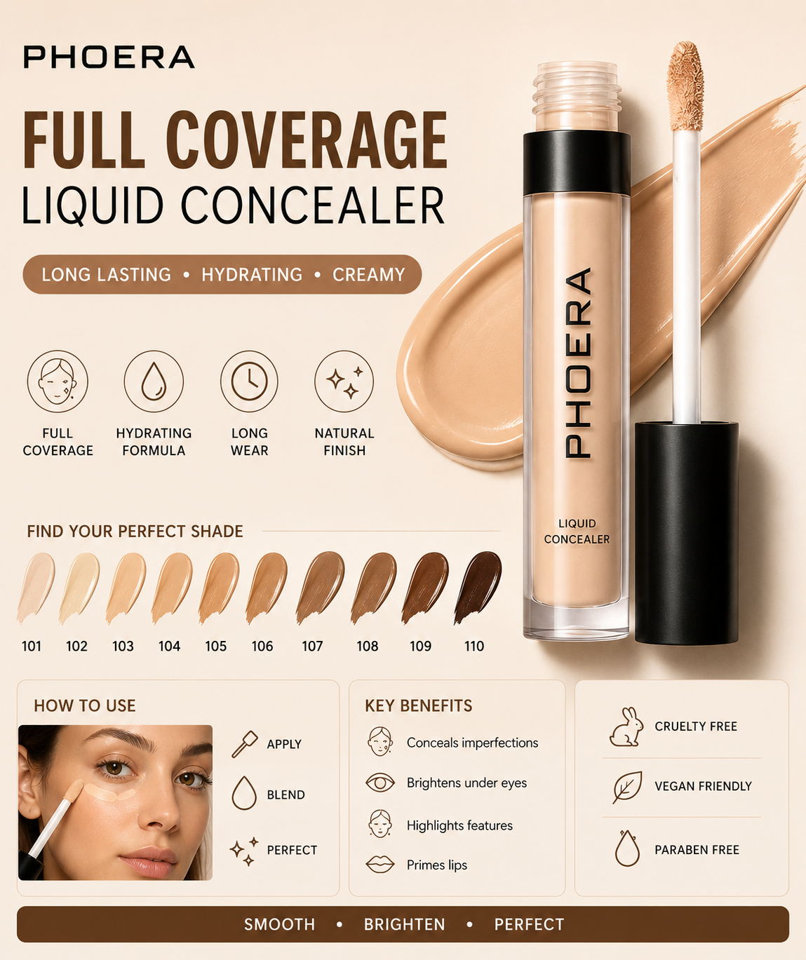 Phoera Full Coverage Liquid Concealer – Long Lasting Hydrating Creamy Concealer