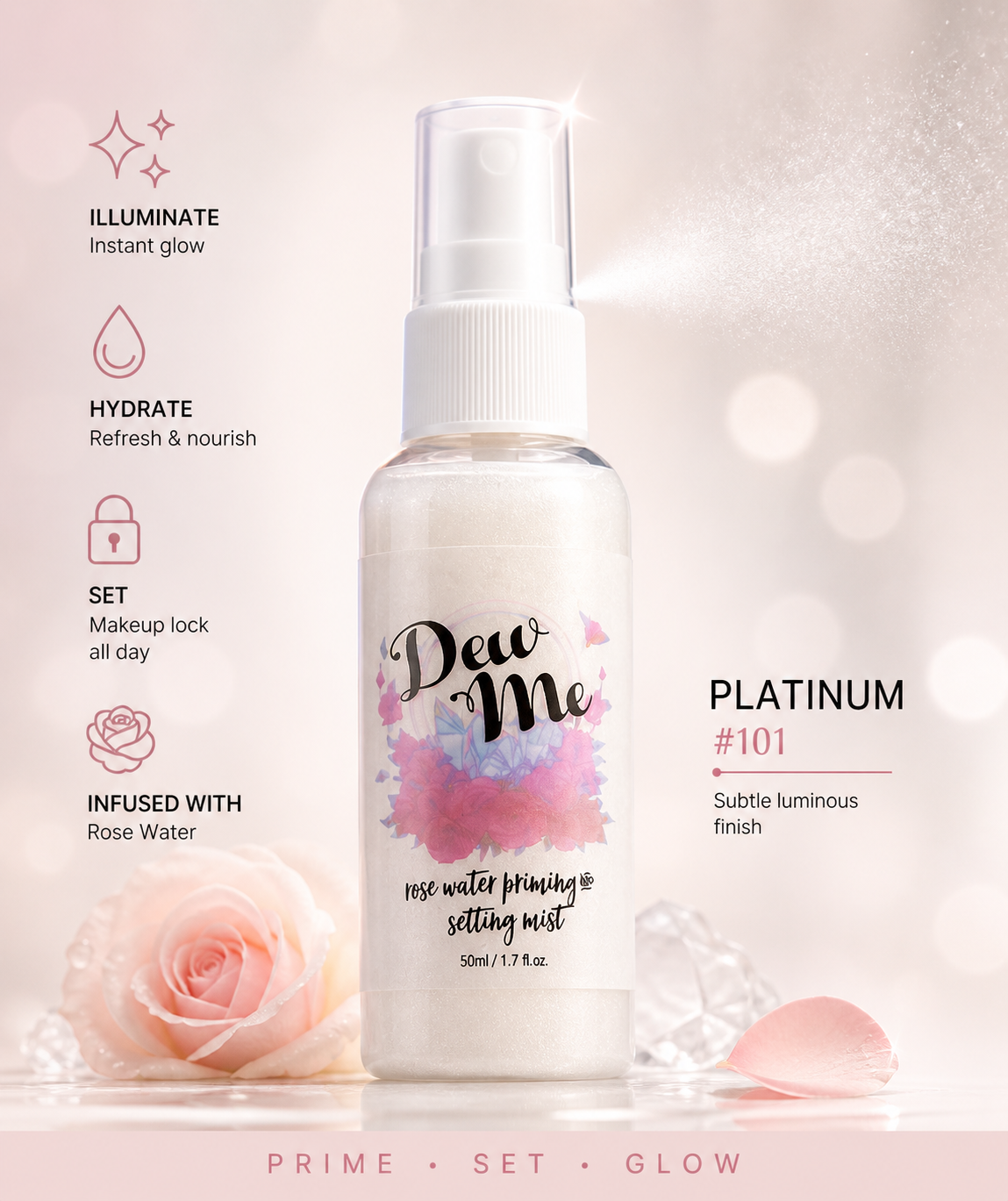 Phoera Dew Me Priming &amp; Setting Sprays 50ml – Hydrating Illuminating Makeup Mist with Hyaluronic Acid