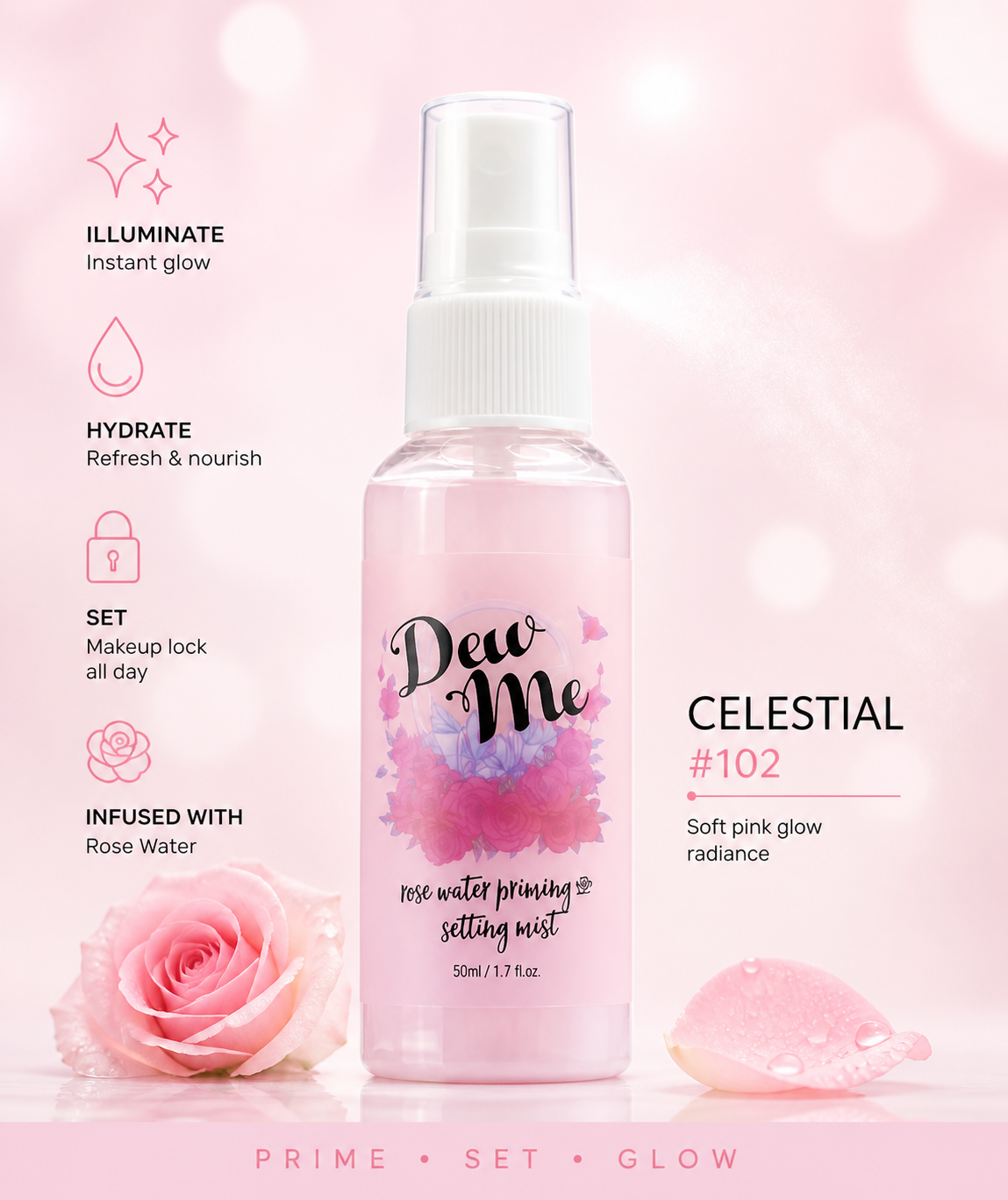 Phoera Dew Me Priming &amp; Setting Sprays 50ml – Hydrating Illuminating Makeup Mist with Hyaluronic Acid