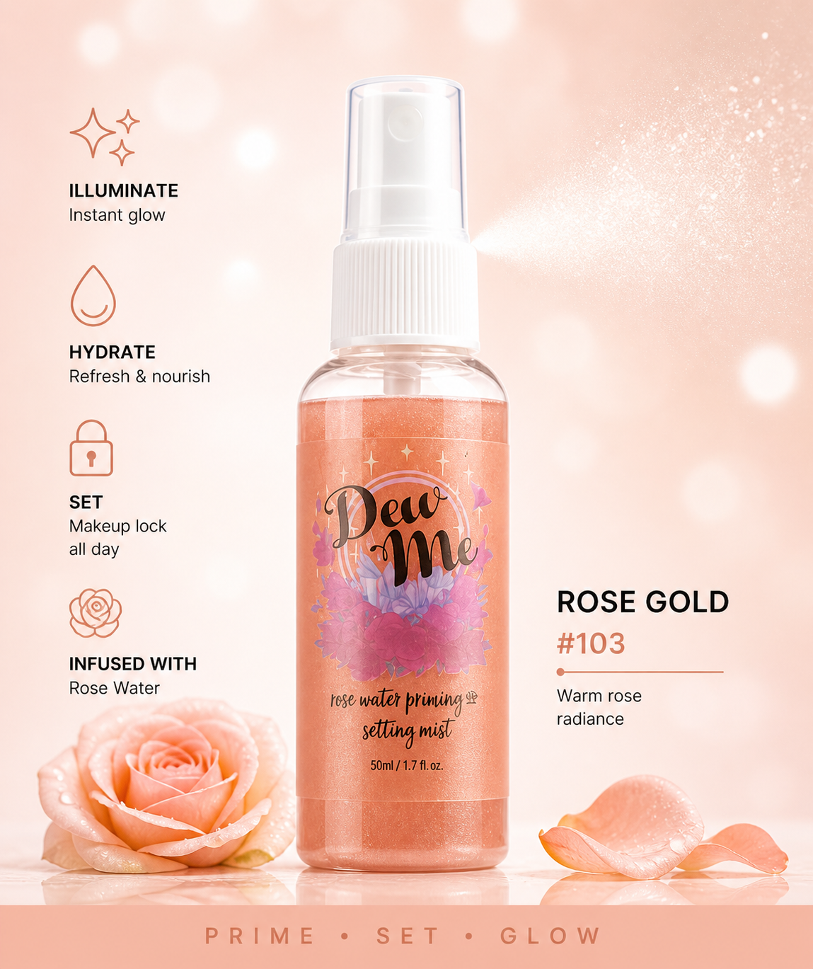Phoera Dew Me Priming &amp; Setting Sprays 50ml – Hydrating Illuminating Makeup Mist with Hyaluronic Acid