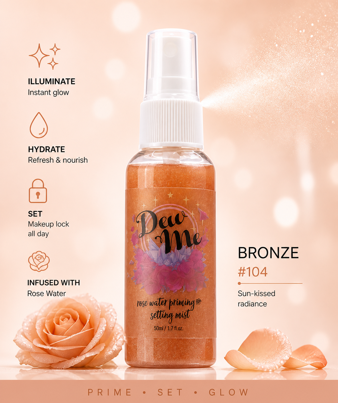 Phoera Dew Me Priming &amp; Setting Sprays 50ml – Hydrating Illuminating Makeup Mist with Hyaluronic Acid