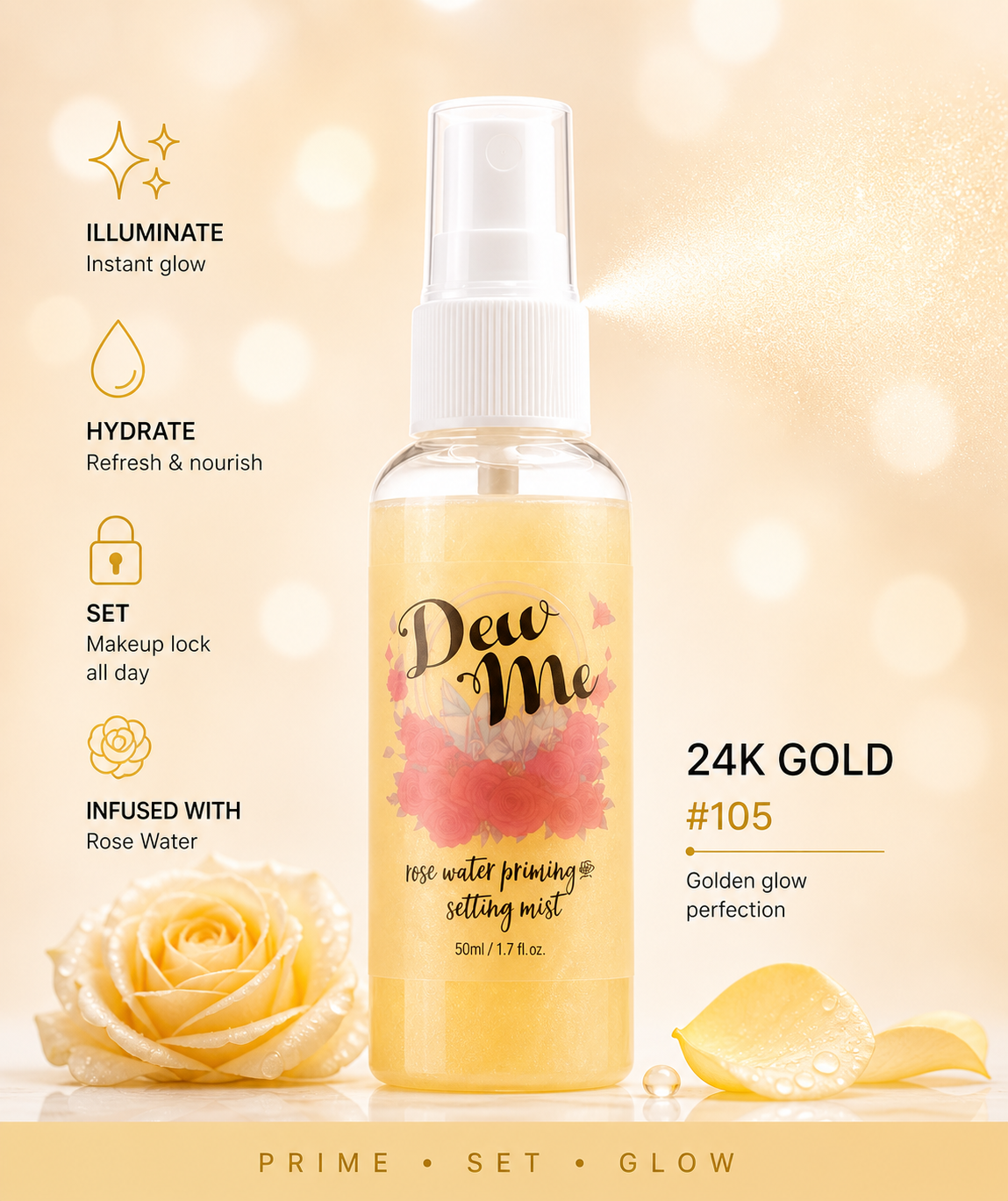 Phoera Dew Me Priming &amp; Setting Sprays 50ml – Hydrating Illuminating Makeup Mist with Hyaluronic Acid