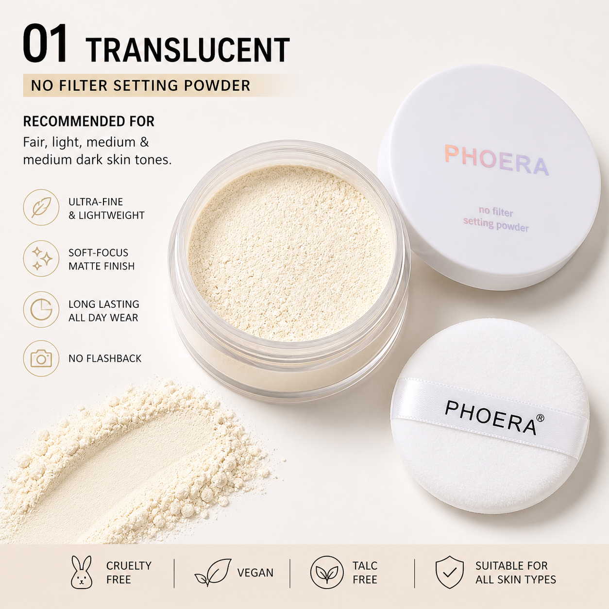 Phoera No Filter Setting Powder – Lightweight Matte Finish | Vegan &amp; Cruelty-Free