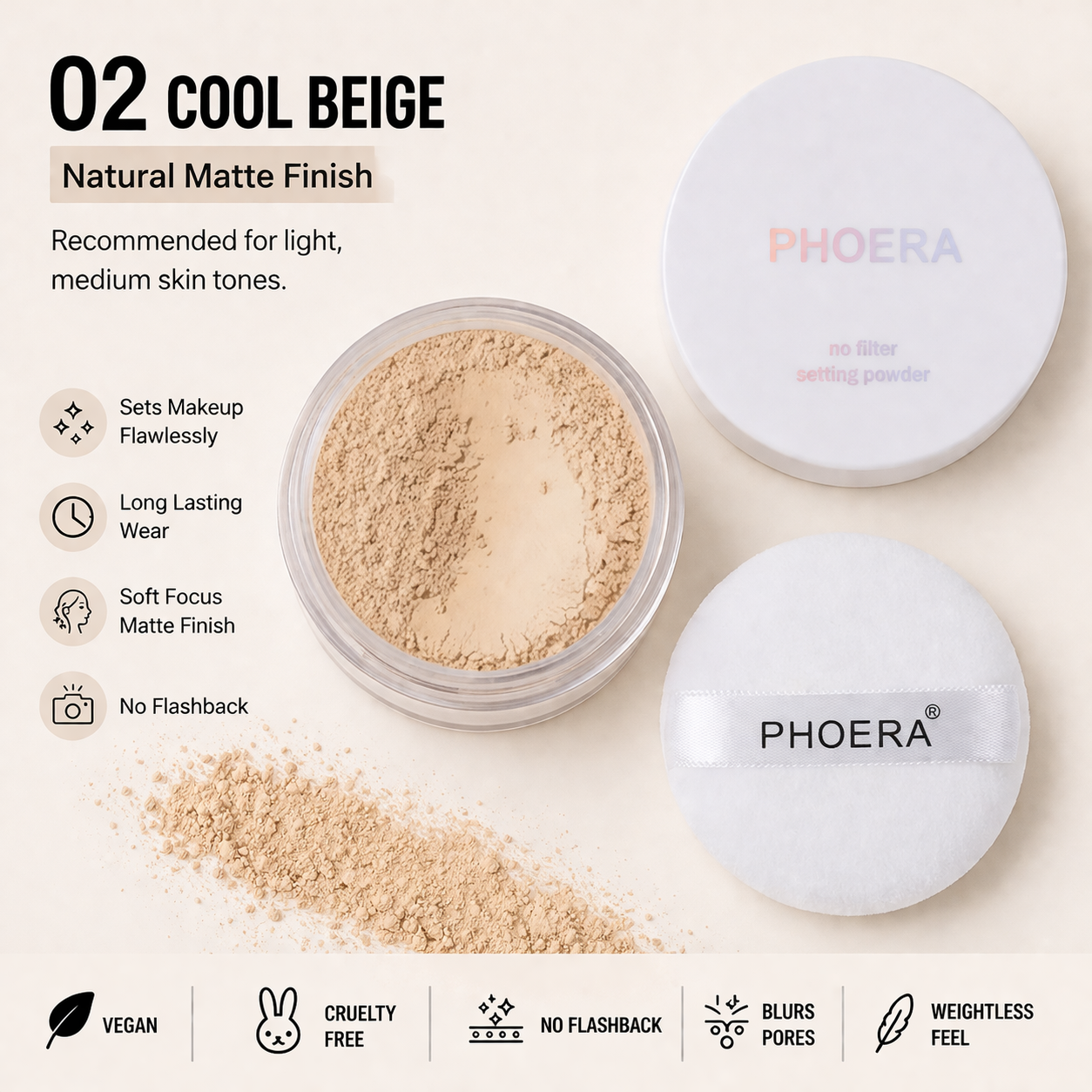 Phoera No Filter Setting Powder – Lightweight Matte Finish | Vegan &amp; Cruelty-Free