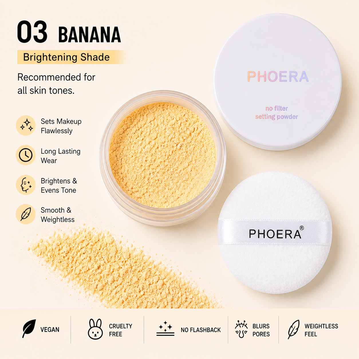 Phoera No Filter Setting Powder – Lightweight Matte Finish | Vegan &amp; Cruelty-Free