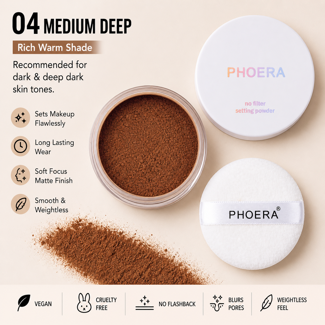 Phoera No Filter Setting Powder – Lightweight Matte Finish | Vegan &amp; Cruelty-Free