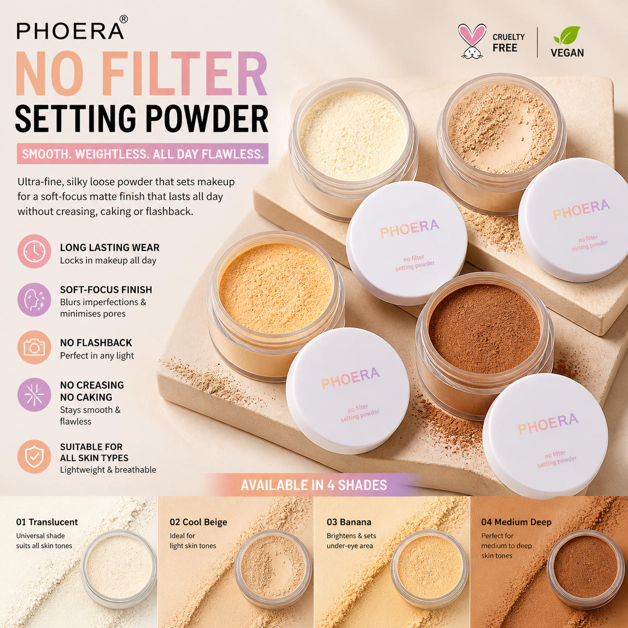 Phoera No Filter Setting Powder – Lightweight Matte Finish | Vegan & Cruelty-Free