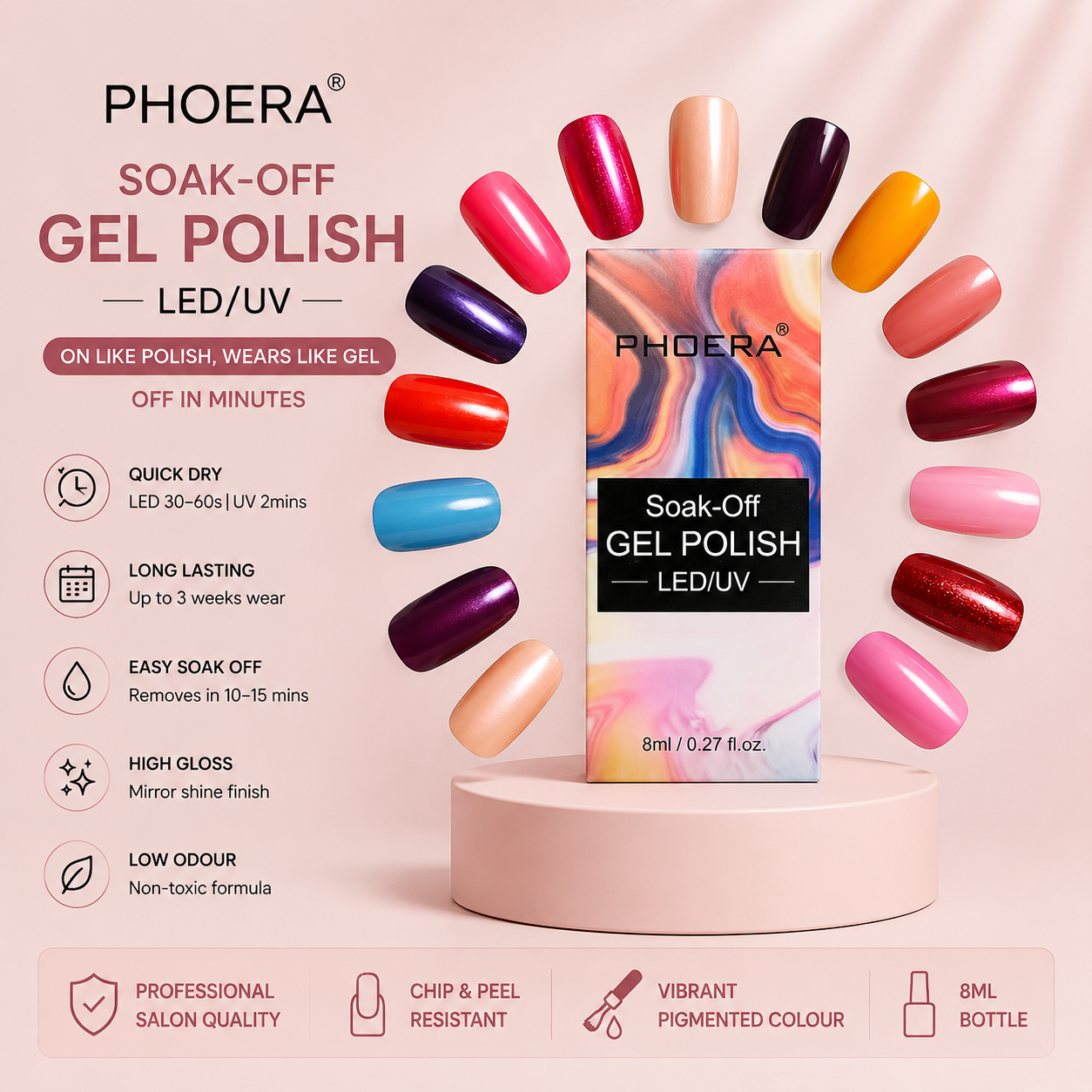 Phoera Soak-Off Gel Polish 8ml | Long-Lasting LED & UV Gel Nail Polish