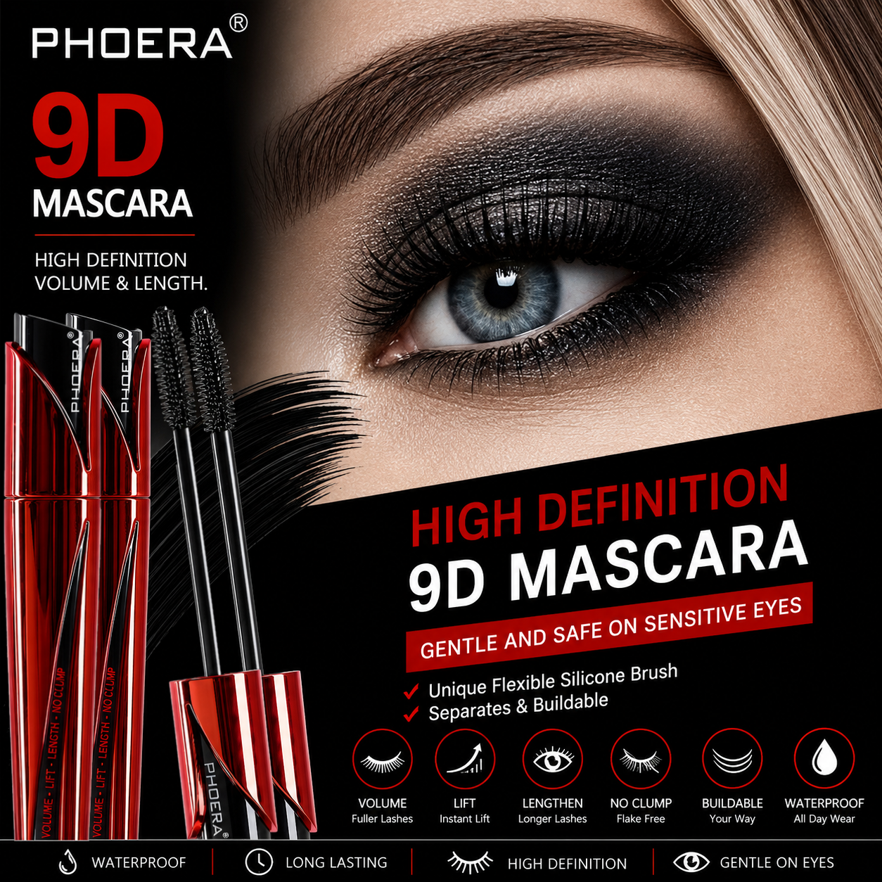 PHOERA 9D Waterproof Mascara – Jet Black Lengthening &amp; Volumising Mascara