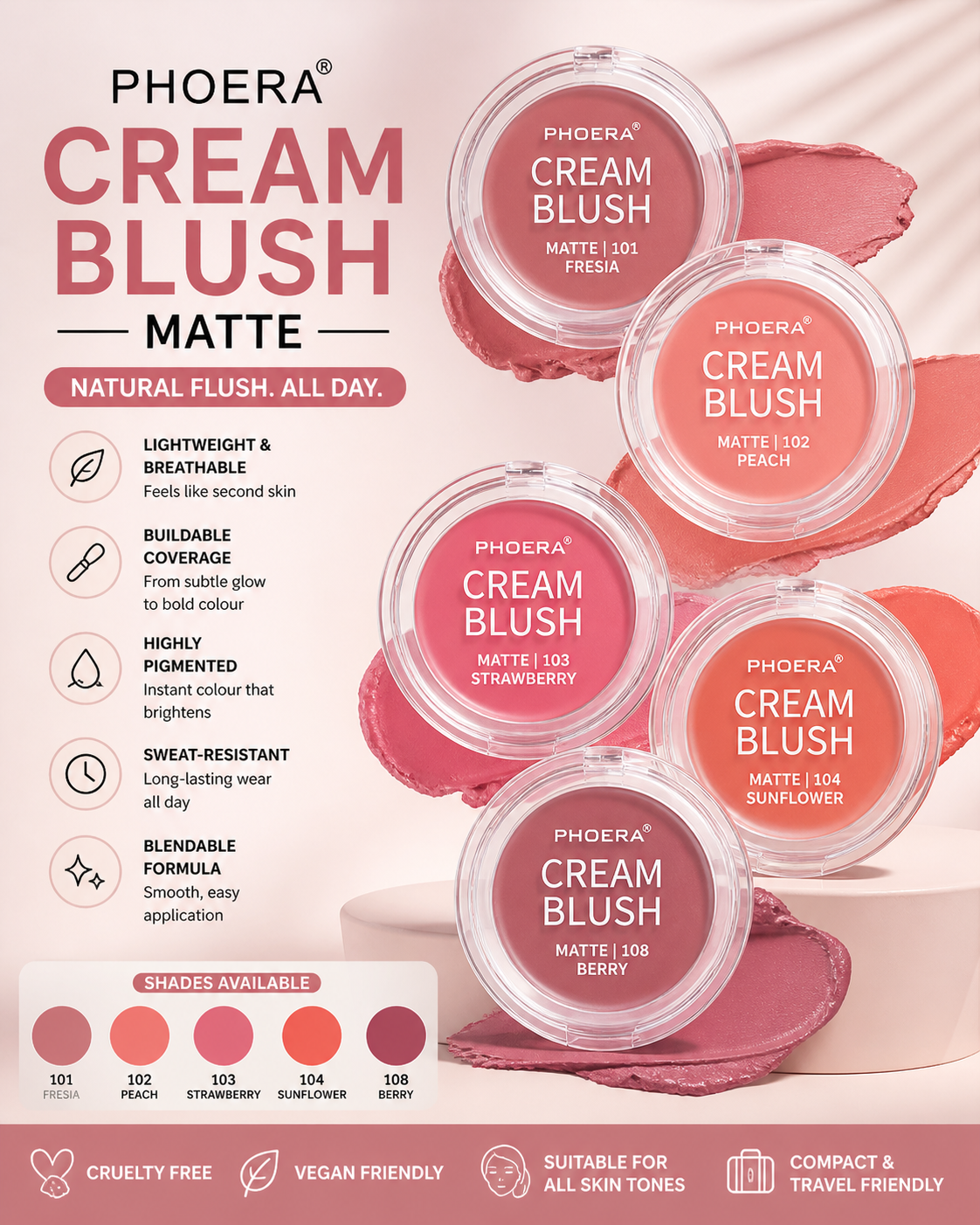 Phoera Cream Blush Matte – Lightweight Blendable Cheek Blusher | Buildable, Sweat-Resistant