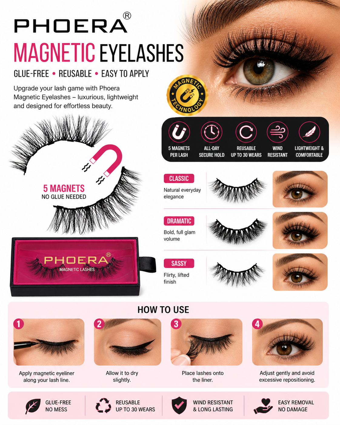 Phoera Magnetic Eyelashes – Glue-Free Reusable Lashes (Classic, Dramatic & Sassy)
